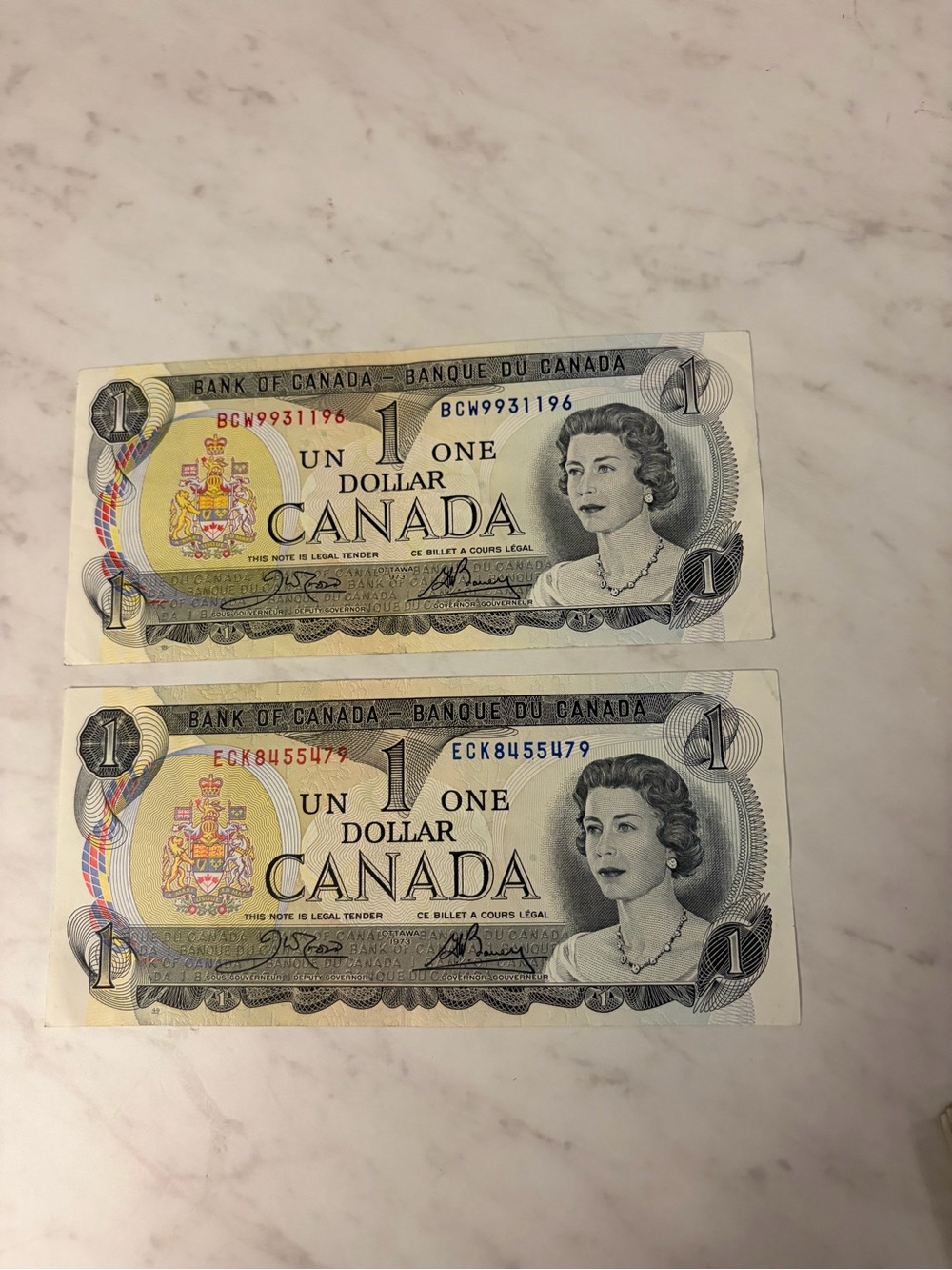 1973 pair Vintage Canada one dollar Bills
